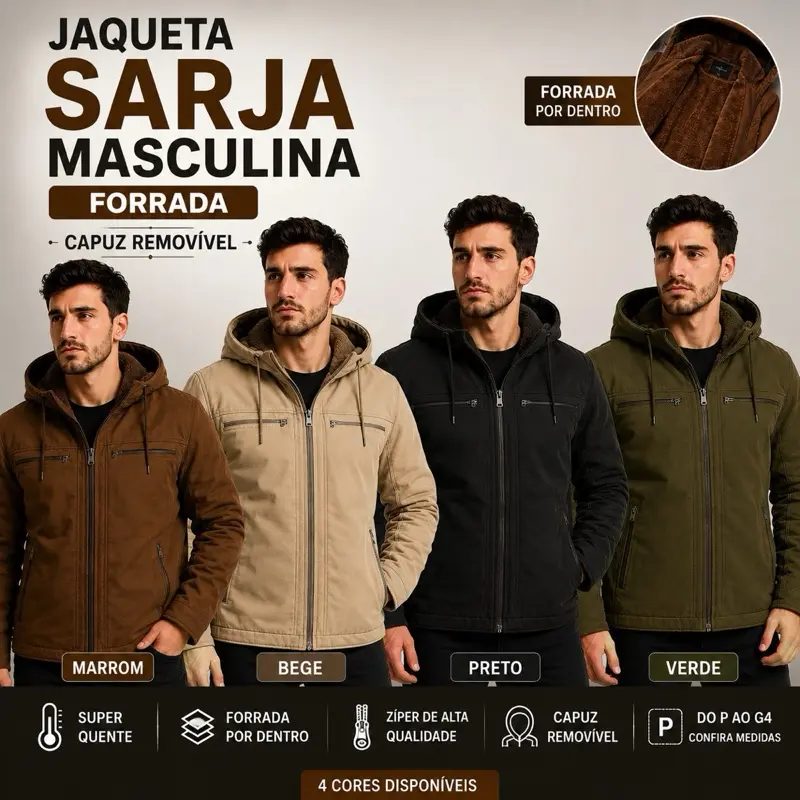 Jaqueta Masculina Sarja Forrada com Capuz